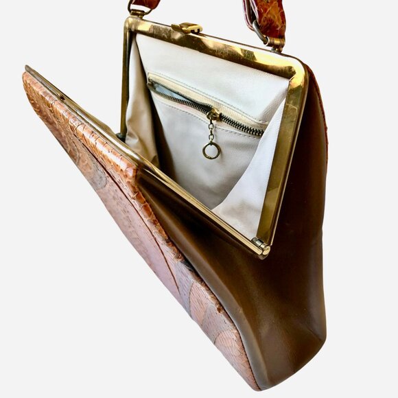 Vintage Snakeskin Handbag Structured Top Handle Clasp Purse Pocketbook - Picture 10 of 13